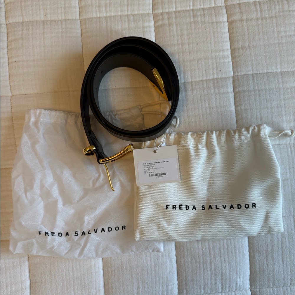 NWT Freda Salvador Randy Belt, black calf with gold hardware, size 0/1 - Picture 2 of 7